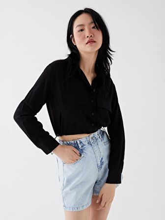 Düz Uzun Kollu Crop Poplin Kadın Gömlek