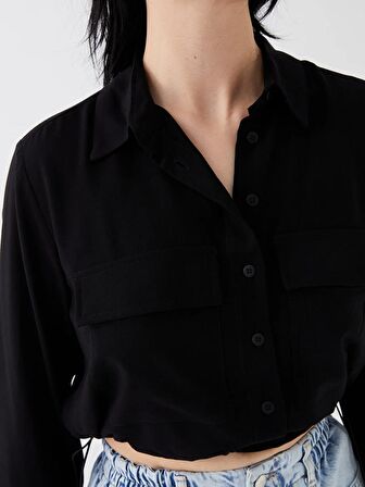 Düz Uzun Kollu Crop Poplin Kadın Gömlek