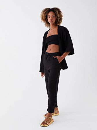 Beli Lastikli Düz Havuç Kesim Müslin Kadın Pantolon