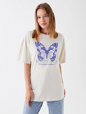 Bisiklet Yaka Baskılı Kısa Kollu Kadın Sweatshirt Tunik