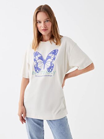 Bisiklet Yaka Baskılı Kısa Kollu Kadın Sweatshirt Tunik