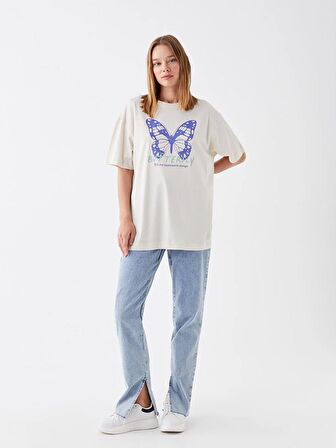 Bisiklet Yaka Baskılı Kısa Kollu Kadın Sweatshirt Tunik