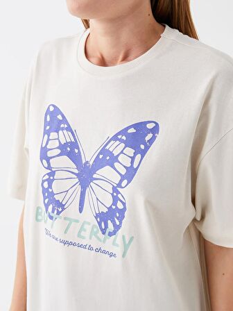 Bisiklet Yaka Baskılı Kısa Kollu Kadın Sweatshirt Tunik