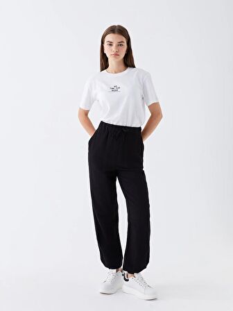 Beli Lastikli Düz Keten Karışımlı Kadın Jogger Pantolon