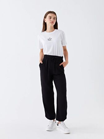 Beli Lastikli Düz Keten Karışımlı Kadın Jogger Pantolon