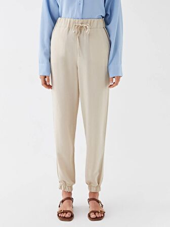Beli Lastikli Düz Keten Karışımlı Kadın Jogger Pantolon