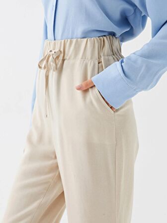 Beli Lastikli Düz Keten Karışımlı Kadın Jogger Pantolon