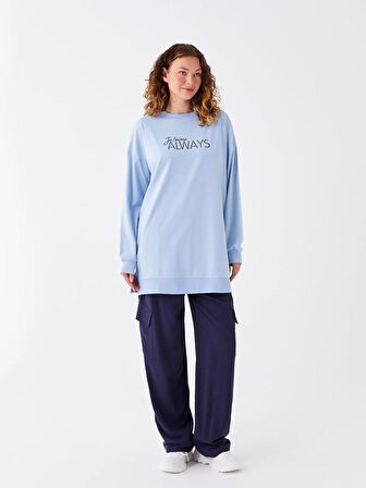 Bisiklet Yaka Baskılı Uzun Kollu Oversize Kadın Sweatshirt Tunik