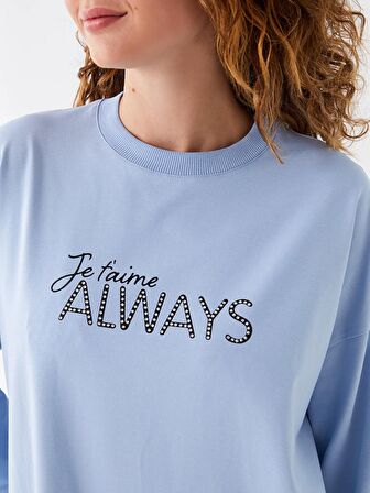 Bisiklet Yaka Baskılı Uzun Kollu Oversize Kadın Sweatshirt Tunik