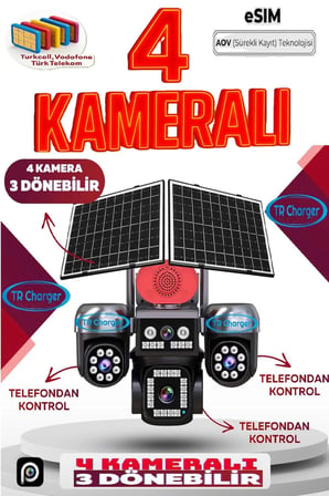 4 Kameralı Telefondan 3 Dönebilir Güneş Enerjili Güvenlik - AOV 7/24 Sim Kart 1 Yıl Her Ay 50GB S446