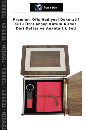 Premium Ofis Hediyesi Dekoratif Kutu Özel Ahşap Kutulu Kırmızı Deri Defter ve Anahtarlık Seti