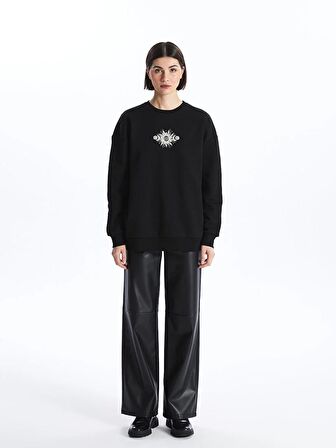 Bisiklet Yaka Baskılı Uzun Kollu Oversize Kadın Sweatshirt
