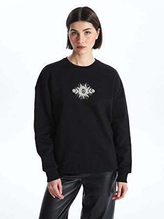 Bisiklet Yaka Baskılı Uzun Kollu Oversize Kadın Sweatshirt