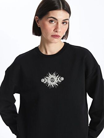 Bisiklet Yaka Baskılı Uzun Kollu Oversize Kadın Sweatshirt