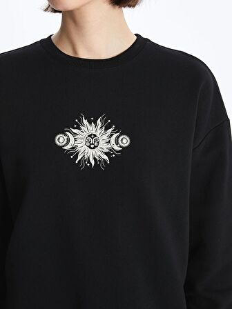 Bisiklet Yaka Baskılı Uzun Kollu Oversize Kadın Sweatshirt