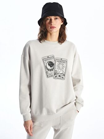 Bisiklet Yaka Baskılı Uzun Kollu Oversize Kadın Sweatshirt