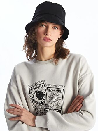 Bisiklet Yaka Baskılı Uzun Kollu Oversize Kadın Sweatshirt