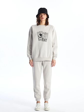 Bisiklet Yaka Baskılı Uzun Kollu Oversize Kadın Sweatshirt