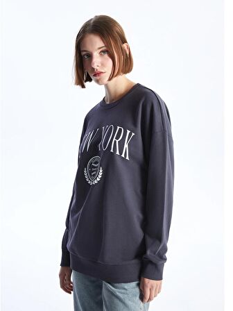 Bisiklet Yaka Baskılı Uzun Kollu Oversize Kadın Sweatshirt