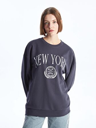 Bisiklet Yaka Baskılı Uzun Kollu Oversize Kadın Sweatshirt