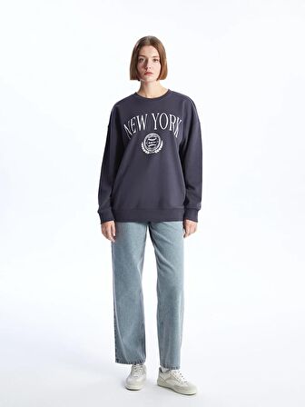 Bisiklet Yaka Baskılı Uzun Kollu Oversize Kadın Sweatshirt