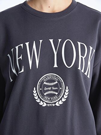 Bisiklet Yaka Baskılı Uzun Kollu Oversize Kadın Sweatshirt