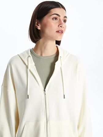 Kapüşonlu Düz Uzun Kollu Kadın Fermuarlı Sweatshirt