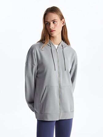 Kapüşonlu Düz Uzun Kollu Kadın Fermuarlı Sweatshirt