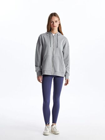 Kapüşonlu Düz Uzun Kollu Kadın Fermuarlı Sweatshirt