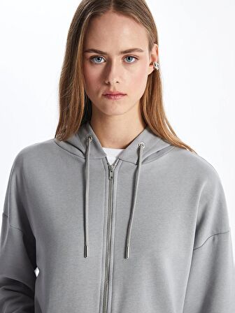 Kapüşonlu Düz Uzun Kollu Kadın Fermuarlı Sweatshirt