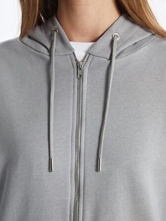 Kapüşonlu Düz Uzun Kollu Kadın Fermuarlı Sweatshirt