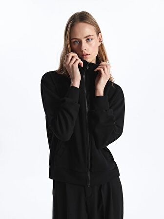 Kadın Dik Yaka Düz Fermuarlı Sweatshirt