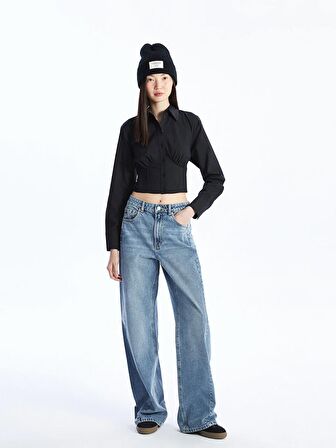 Düz Uzun Kollu Crop Poplin Kadın Gömlek
