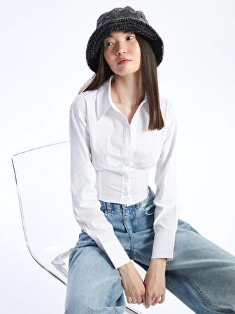 Düz Uzun Kollu Crop Poplin Kadın Gömlek