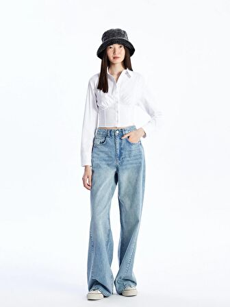 Düz Uzun Kollu Crop Poplin Kadın Gömlek