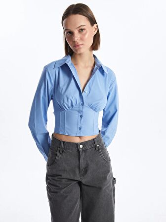 Düz Uzun Kollu Crop Poplin Kadın Gömlek