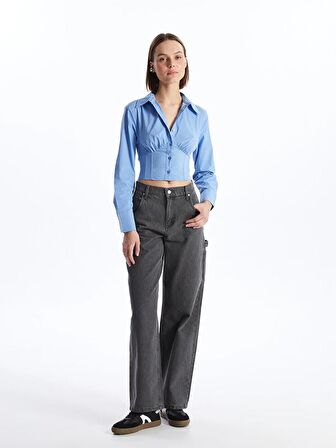 Düz Uzun Kollu Crop Poplin Kadın Gömlek
