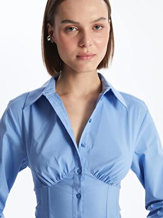 Düz Uzun Kollu Crop Poplin Kadın Gömlek
