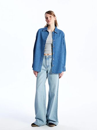 Düz Uzun Kollu Oversize Kadın Jean Gömlek