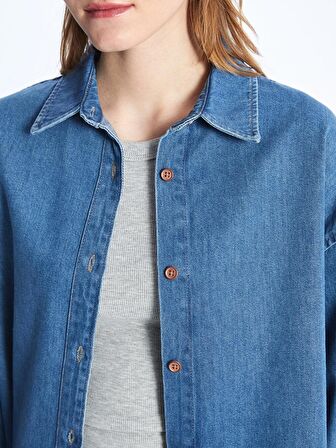 Düz Uzun Kollu Oversize Kadın Jean Gömlek