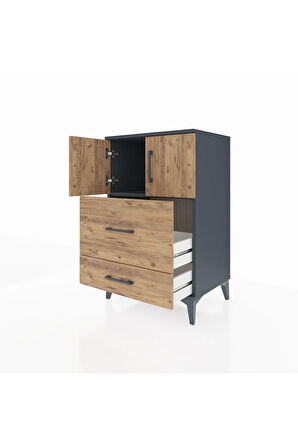 Hyperion Komodin Tek Raflı 2 Çekmeceli 2 Kapaklı 60x44x96 Antrasit-Çam