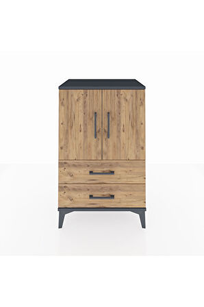 Hyperion Komodin 2 Raflı 2 Çekmeceli 2 Kapaklı 60x44x96 Antrasit-Çam