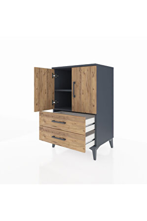 Hyperion Komodin 2 Raflı 2 Çekmeceli 2 Kapaklı 60x44x96 Antrasit-Çam