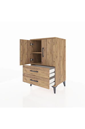 Hyperion Komodin 2 Raflı 2 Çekmeceli 2 Kapaklı 60x44x96 Çam-Çam
