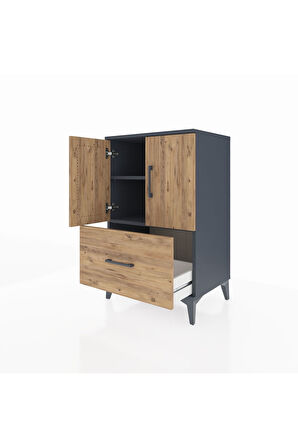 Hyperion Komodin 2 Raflı Tek Çekmeceli 2 Kapaklı 60x44x96 Antrasit-Çam