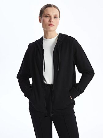 Kapüşonlu Düz Uzun Kollu Kadın Fermuarlı Sweatshirt
