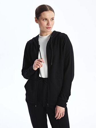 Kapüşonlu Düz Uzun Kollu Kadın Fermuarlı Sweatshirt