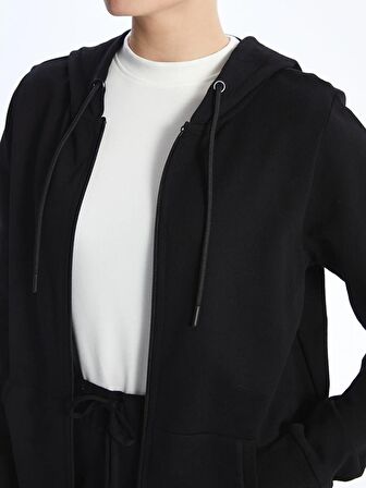 Kapüşonlu Düz Uzun Kollu Kadın Fermuarlı Sweatshirt