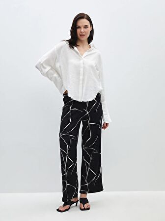 Beli Lastikli Desenli Geniş Paça Kadın Pantolon
