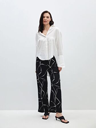 Beli Lastikli Desenli Geniş Paça Kadın Pantolon